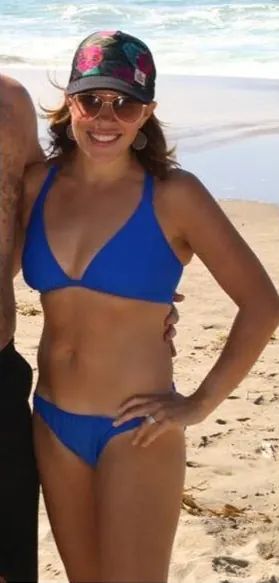 Angela Fuller after: at 37, at her peak fitness level, on the beach in San Diego