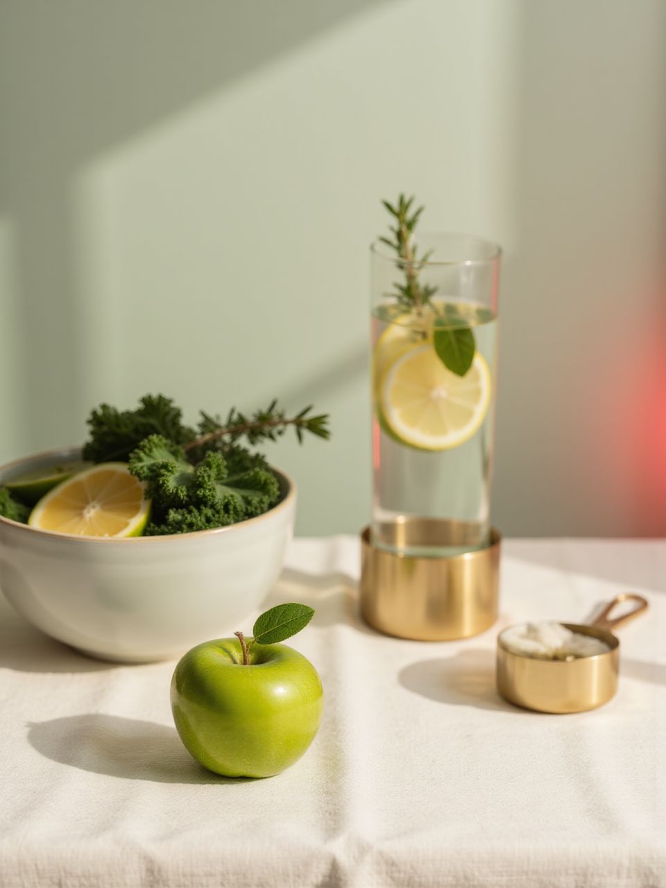 A green apple, a bowl of leafy greens with lemon and herbs, and a glass of lemon water on cream linen in soft morning light